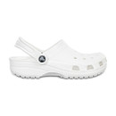 White rubber clog with ventilation holes and an adjustable heel strap. Side-profile view on a plain white background, conveying simplicity and comfort. White rubber clog with ventilation holes and an adjustable heel strap. Side-profile view on a plain white background, conveying simplicity and comfort.