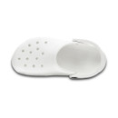 White shoe with a rounded toe, featuring multiple small ventilation holes on top. The shoe has a slip-on design with a strap at the heel. White shoe with a rounded toe, featuring multiple small ventilation holes on top. The shoe has a slip-on design with a strap at the heel.