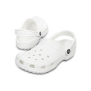 A pair of white, casual clogs with ventilation holes and adjustable heel straps. The shoes have a textured sole, conveying a clean and simple design. A pair of white, casual clogs with ventilation holes and adjustable heel straps. The shoes have a textured sole, conveying a clean and simple design.