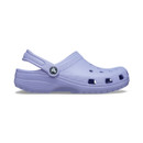 Light purple Crocs clog with a perforated toe box and adjustable strap. Features textured sole and circular logo, conveying a casual, comfortable style.