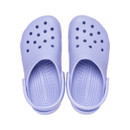 A pair of light purple clogs with ventilation holes on the top, featuring a textured insole and adjustable back straps, displayed on a white background.