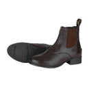 A pair of brown leather jodhpur boots with elastic side panels and a black sole. A pair of brown leather jodhpur boots with elastic side panels and a black sole.