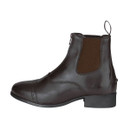 A dark brown leather jodhpur boot with elastic side panel and pull tab. A dark brown leather jodhpur boot with elastic side panel and pull tab.
