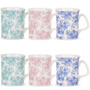 Set of six floral patterned mugs in teal, pink, and blue on a white background.