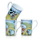 Three stacked ceramic mugs with colourful cartoon farm animal designs on a white background.