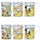 Set of six mugs with playful cartoon farm animal designs on a colourful background.