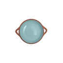 A small blue and brown tapas dish on a white background