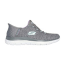 A side view of a grey slide on trainer with fixed laces, a white sole and purple and blue Skechers logos at the side.