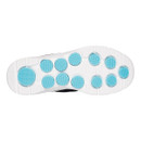 A top down view of the trainers white sole with blue cushioned circles. A top down view of the trainers white sole with blue cushioned circles.