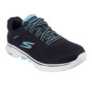 A black lace-up trainer with a white sole and blue Skechers logos. A black lace-up trainer with a white sole and blue Skechers logos.
