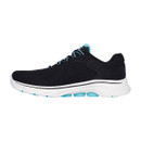 A side view of a black lace-up trainer with a white sole and blue Skechers logos. A side view of a black lace-up trainer with a white sole and blue Skechers logos.