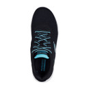 A top down view of a black trainer with a blue Skechers logo on the insole. A top down view of a black trainer with a blue Skechers logo on the insole.