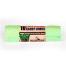 Pack of 10 large green compostable caddy liners on a white background.