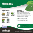 Informational graphic titled 'Harmony' promoting Harmony seed potatoes. Illustrations show potatoes are excellent for baking, boiling, and mashing, and good for chipping and roasting. Text highlights high yields and resistance to scab. Planting is in March-April, with harvest in June-July. Jamieson Brothers logo included.