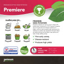 Infographic promoting Premiere Scottish seed potatoes, highlighting their suitability for boiling, baking, salad, roasting, chipping, and mashing. Features RHS Garden Merit award, emphasizes disease resistance, high yield, and organic growing suitability. Planting time is March to April; harvest is June to July. Jamieson Brothers branding included.