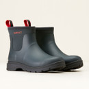 Navy rain boots with black soles, featuring red pull tabs and the word "Ariat" in red. The boots convey a sturdy and practical feel. Navy rain boots with black soles, featuring red pull tabs and the word "Ariat" in red. The boots convey a sturdy and practical feel.