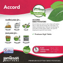Jamieson Brothers Accord Seed Potatoes ad. Describes them as excellent for baking, boiling, salad, and good for chipping, mashing, roasting. Highlights high yields and suitability for organic growing. Planting from March to April and harvesting in June to July. Features vibrant red and green design.