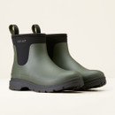 A pair of olive green ankle rain boots with black soles and pull tabs on a light background. The brand name "Ariat" appears near the top.