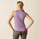 A woman wearing a purple sleeveless baselayer from behind