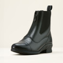 Black leather ankle boot with a front zip and elastic side panels, set against a light background. The boot features a small heel and smooth finish.