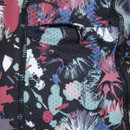 Colourful abstract print on fabric with a black zip detail.