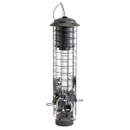 Metal bird feeder with protective cage on a white background.