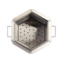 Hexagonal stainless steel firepit with perforated base, viewed from above. It features two handles, conveying a sleek and modern design.