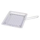 A metallic grill pan with a square design, parallel grates, and a long handle, set against a plain white background. Ideal for indoor grilling.