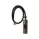 A sleek, black electric air pump with a flexible hose and digital display. The design is modern, practical, and efficient, conveying a functional tone.