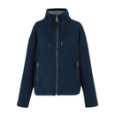 A dark navy full zip fleece with a high collar and striped lining.