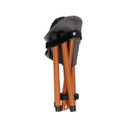 Folded camping chair with gray seat and orange legs on white background.