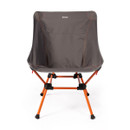 A grey camping chair with a lightweight, durable fabric seat and bright orange folding metal legs. The chair is designed for outdoor use.