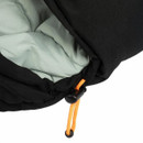 Close-up of a hood on a sleeping bacg with a light grey lining and an orange drawstring.