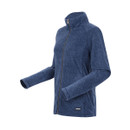 A side view of a navy full zip fleece with a high collar.