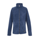 The front of a navy full zip fleece with a high collar.