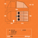 Diagram of a tent layout labelled "Skye 300" on an orange background. Shows side and top views with dimensions in centimetres and icons for mesh and entrance doors.