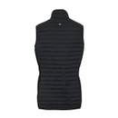 The back of a black quilted gilet with a high collar.
