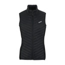 The front of a black quilted gilet with a high collar.