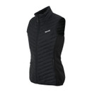 A side view of a black quilted gilet with a high collar.