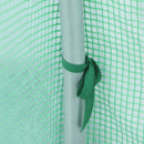 A close up view of the green mesh cover secured to the steel frame.