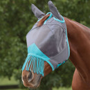 A brown horse wearing a grey and teal fly mask with tassel fringe.
