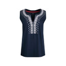 A front view of a navy vest top with white embroidered design on a white background