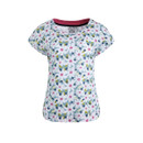 A blue and white floral design top on a white background A blue and white floral design top on a white background