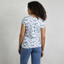 A woman stands with her back to the camera, wearing a floral-patterned shirt and denim jeans, against a light grey background. A woman stands with her back to the camera, wearing a floral-patterned shirt and denim jeans, against a light grey background.