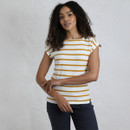 A person wearing a striped yellow and white t-shirt stands with arms crossed, set against a plain light background.