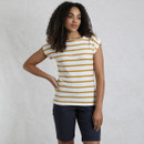 A person with curly hair wearing a white and yellow striped top and navy shorts poses confidently against a neutral backdrop.