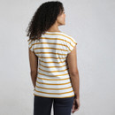 A woman with curly hair stands facing away, wearing a white and mustard-striped shirt, paired with dark pants, against a light background.