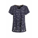A navy top with a white floral design on a white background