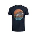 A navy t-shirt with a design on the centre on a white background