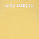 Yellow fabric close-up with white embroidered text "LAZY JACKS CO." at the top. The fabric has a soft texture and a relaxed, casual vibe.